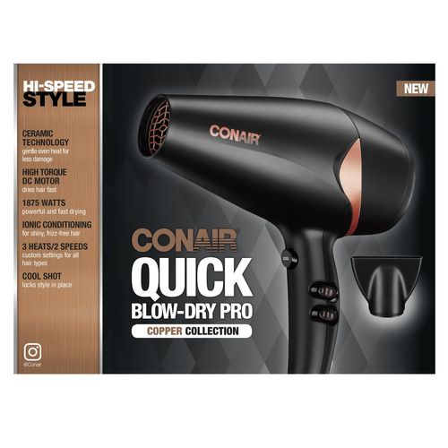 Conair 1875-Watt Quick Blow Dry Pro Hair Dryer, Black/Copper