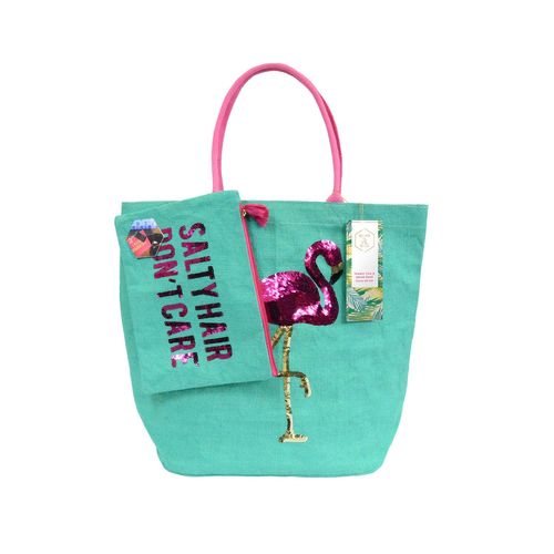 Olive & Hill Jute Tote Bag and Matching Carry-All Clutch Set - AQUA, FLAMINGO